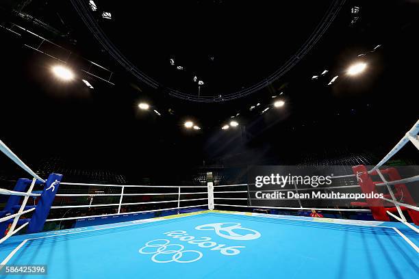 General view of the empty boxing ring with official logo on the mat prior to Day 1 of the Rio 2016 Olympic Games at Riocentro - Pavilion 6 on August...