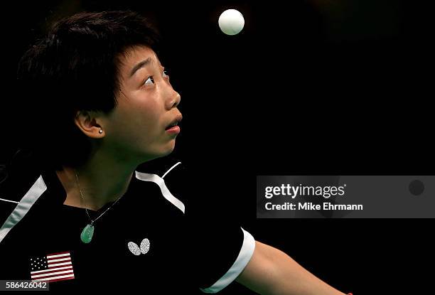 Yue Wu of the United States plays a Women's Singles first round match against Eva Odorova of Slovakia on Day 1 of the Rio 2016 Olympic Games at...