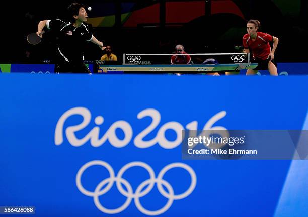 Yue Wu of the United States plays a Women's Singles first round match against Eva Odorova of Slovakia on Day 1 of the Rio 2016 Olympic Games at...