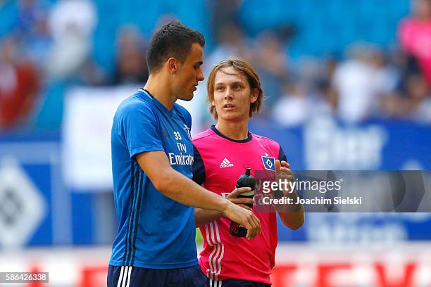 Filip Kostic and Alen Halilovic of Hamburg after the pre-season friendly match between Hamburger SV and Stoke City at Volksparkstadion on August 6,...