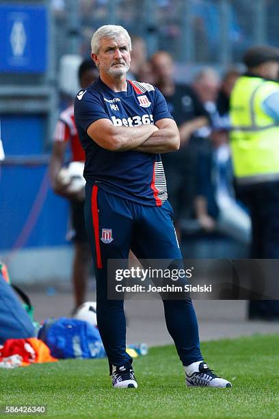 Coach Mark Hughes of Stoke City during the pre-season friendly match between Hamburger SV and Stoke City at Volksparkstadion on August 6, 2016 in...