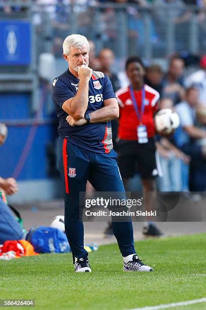 Coach Mark Hughes of Stoke City during the pre-season friendly match between Hamburger SV and Stoke City at Volksparkstadion on August 6, 2016 in...