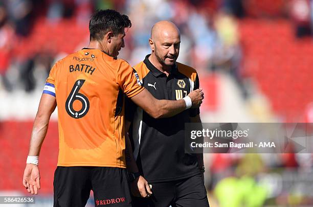 Walter Zenga manager / head coach of Wolverhampton Wanderers and Danny Batth of Wolverhampton Wanderers at full time during the Sky Bet Championship...