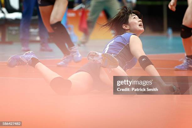 Saori Kimura of Japan looks up after a dig against Korea during the Women's Preliminary Pool A match between Japan and Korea on Day 1 of the Rio de...