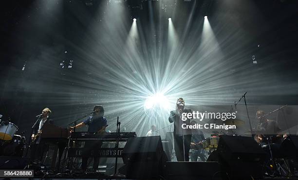 Musicians Al Doyle, Nancy Whang, James Murphy, and Pat Mahoney of LCD Soundsystem perform during the 2016 Outside Lands Music And Arts Festival at...