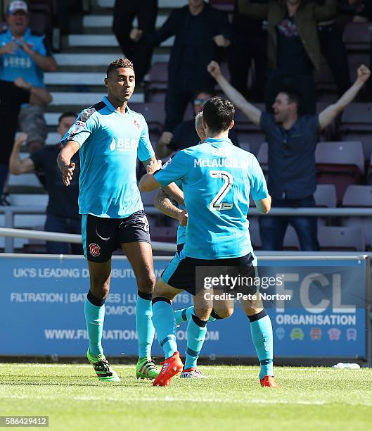 Victor Nirennold of Fleetwood Town celebrates after scoring his sides goal during the Sky Bet League One match between Northampton Town and Fleetwood...