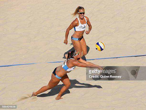 Georgina Klug and Ana Gallay of Argentina in action during the Women's Beach Volleyball preliminary round Pool B match against Liliana Fernandez...