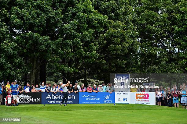 Alex Noren of Sweden takes his tee shot on hole 11 on day three of the Aberdeen Asset Management Paul Lawrie Matchplay at Archerfield Links Golf Club...