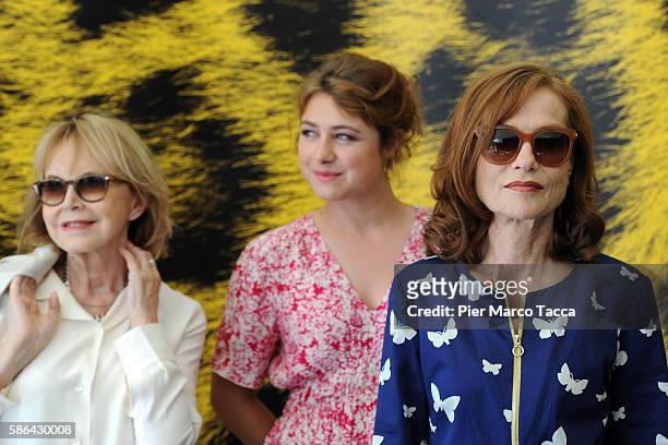 Bulle Ogier, actress Manon Combes and actress Isabelle Huppert attend 'Les Fausses Confidences' photocall during the 69th Locarno Film Festival on...