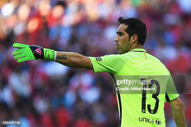 Claudio Bravo of Barcelona in action during the International Champions Cup match between Liverpool and Barcelona at Wembley Stadium on August 6,...