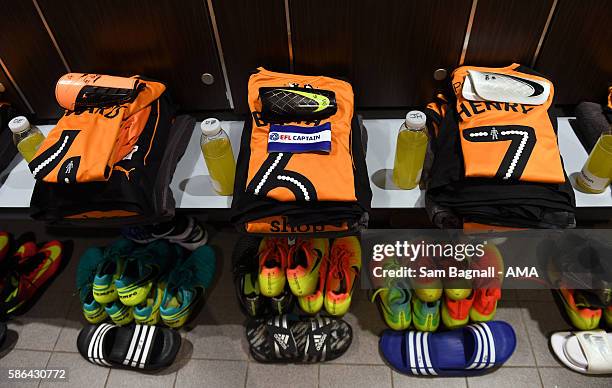 The shirt of Danny Batth of Wolverhampton Wanderers with the EFL Captain armband in the away dressing room before kick off prior to the Sky Bet...