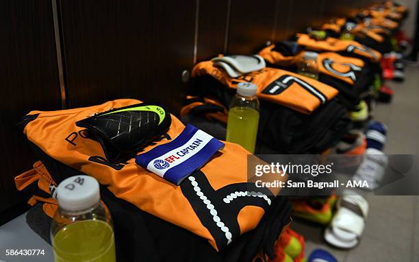 The shirt of Danny Batth of Wolverhampton Wanderers with the EFL Captain armband in the away dressing room before kick off prior to the Sky Bet...