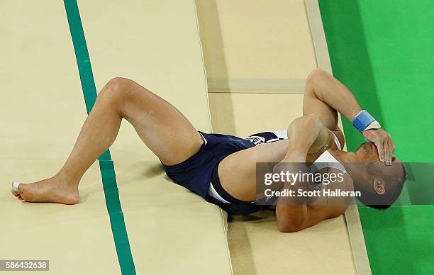 Samir Ait Said of France breaks his leg while competing on the vault during the Artistic Gymnastics Men's Team qualification on Day 1 of the Rio 2016...