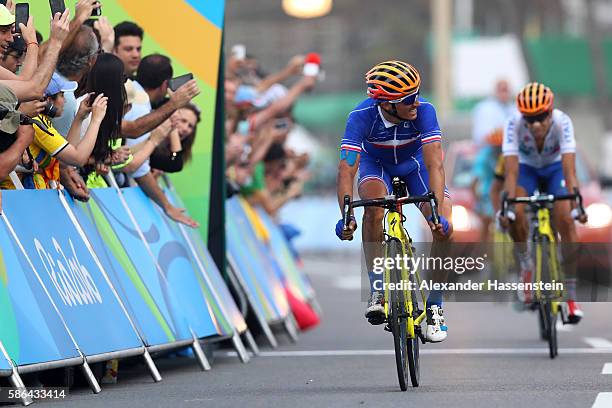 Julian Alaphilippe of France reacts after finishing fourth in the Men's Road Race on Day 1 of the Rio 2016 Olympic Games at the Fort Copacabana on...