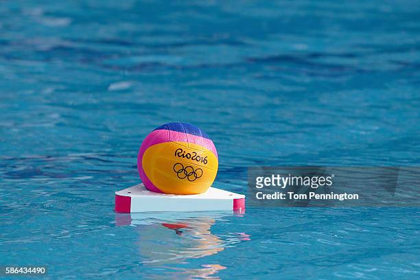 View of a game ball during the Men's Water Polo Preliminary Round - Group A match between the Greece and Japan at the Maria Lenk Aquatics Centre on...