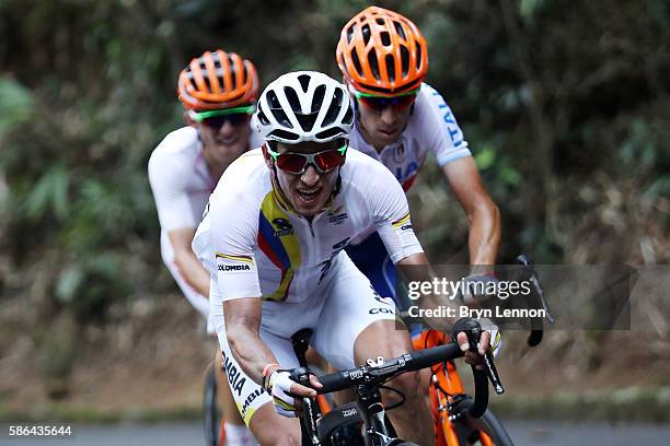 Sergio Luis Henao Montoya of Colombia competes during the Men's Road Race on Day 1 of the Rio 2016 Olympic Games at the Fort Copacabana on August 6,...