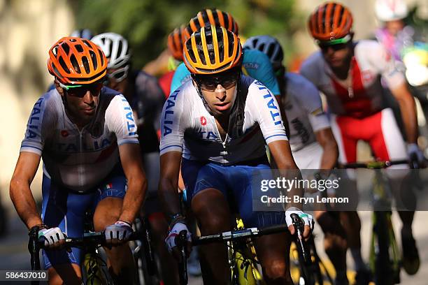 Fabio Aru of Italy leads the peloton during the Men's Road Race on Day 1 of the Rio 2016 Olympic Games at the Fort Copacabana on August 6, 2016 in...