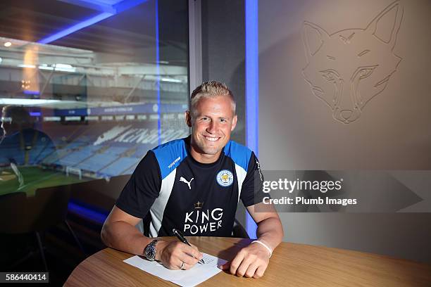 Leicester City's Kasper Schmeichel signs a new 5 year contract at King Power Stadium on August 06 , 2016 in Leicester, United Kingdom.