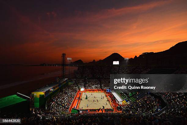 General view as the sun sets on Day 1 of the Rio 2016 Olympic Games at the Beach Volleyball Arena on August 6, 2016 in Rio de Janeiro, Brazil.