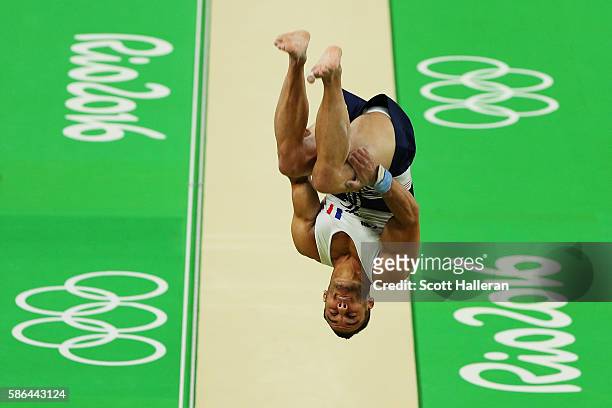 Samir Ait Said of France vaults on his way to breaking his leg while competing during the Artistic Gymnastics Men's Team qualification on Day 1 of...