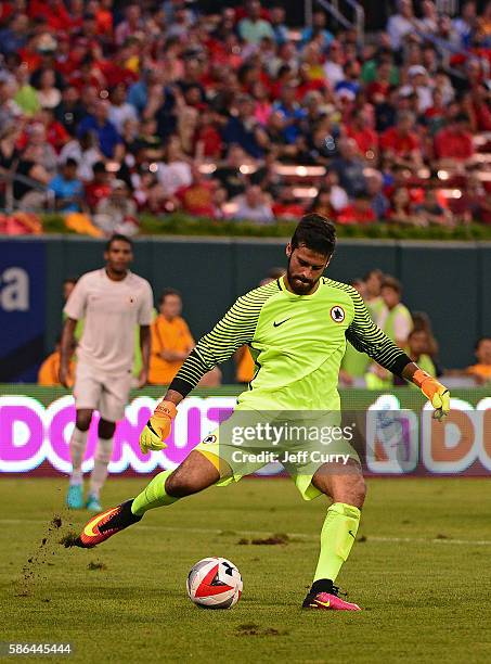 Becker Alisson of AS Roma clears the ball during a friendly match against Liverpool FC at Busch Stadium on August 1, 2016 in St Louis, Missouri. AC...