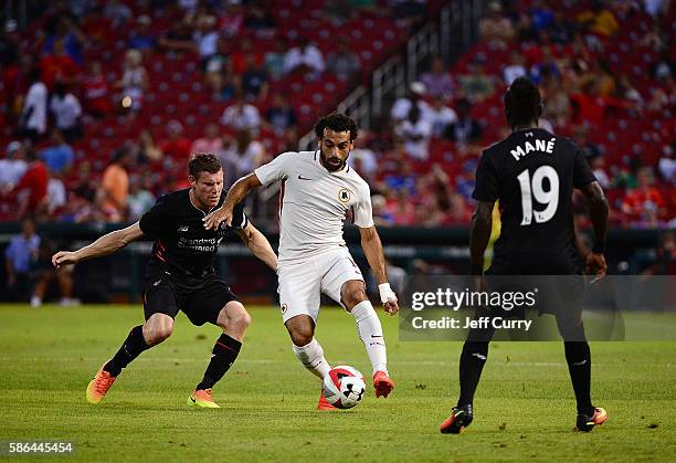 Mohamed Salah of AS Roma handles the ball against Liverpool FC during a friendly match at Busch Stadium on August 1, 2016 in St Louis, Missouri. AC...