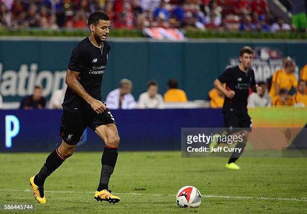 Kevin Stewart of Liverpool FC handles the ball against AS Roma during a friendly match at Busch Stadium on August 1, 2016 in St Louis, Missouri. AC...