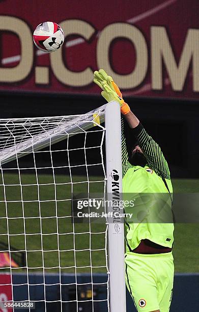 Becker Alisson of AS Roma makes a save against Liverpool FC during a friendly match at Busch Stadium on August 1, 2016 in St Louis, Missouri. AC Roma...