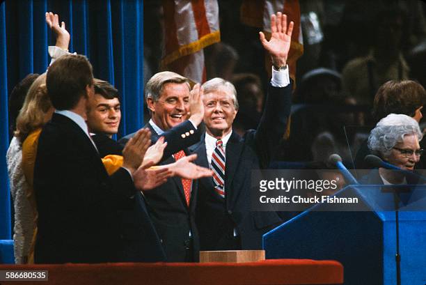 At the Democratic National Convention, the party's nominees and their familys wave from the stage, New York, New York, August 1980. Among those...