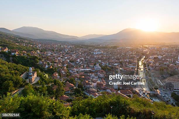 prizren, kosovo cityscape at sunset - kosovo imagens e fotografias de stock