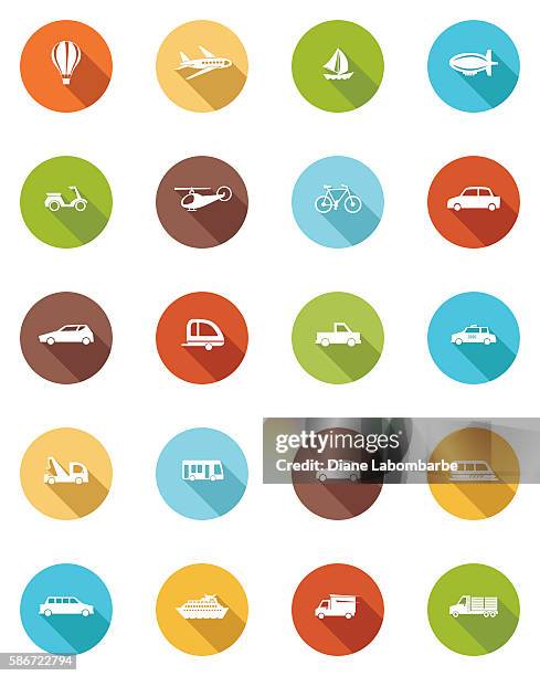 ilustraciones, imágenes clip art, dibujos animados e iconos de stock de iconos de sombra larga de color plano de transporte - coche pequeño