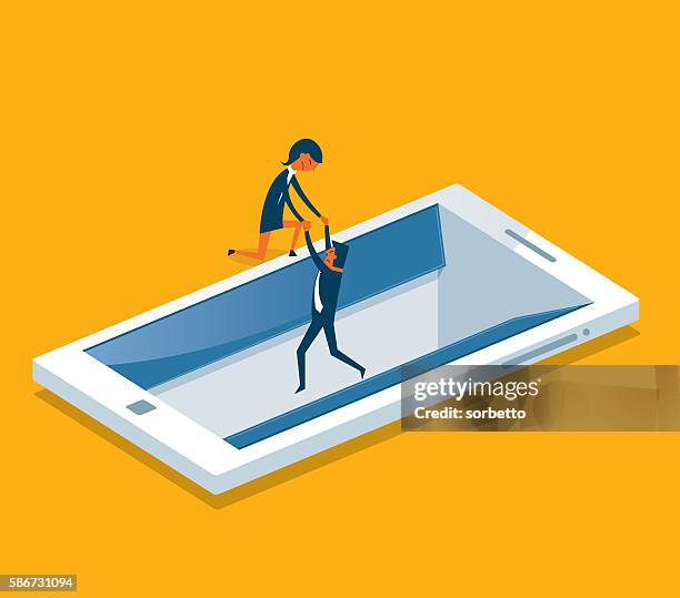 businessman drowning in a digital tablet - technophobe stock illustrations
