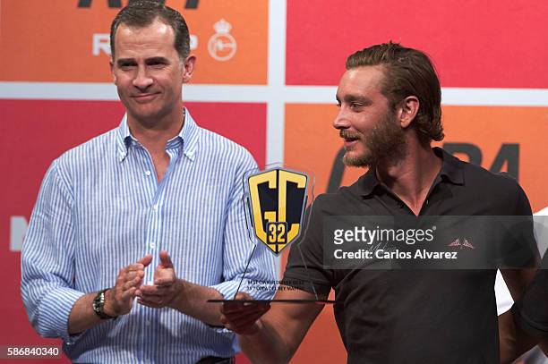 King Felipe VI of Spain and Pierre Casiraghi attend the 35th Copa del Rey Mapfre Sailing Cup awards ceremony at Ses Voltes cultural center on August...