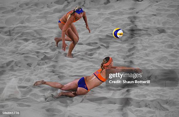 Marleen van Iersel and Madelein Meppelink of the Netherlands in action during the Women's Beach Volleyball preliminary round Pool F match against...