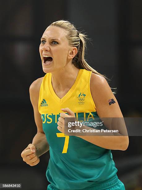 Penny Taylor of Australia reacts after scoring against Brazil during a Women's Basketball Preliminary Round game on Day 1 of the Rio 2016 Olympic...