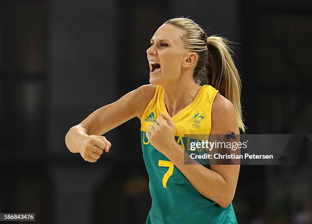 Penny Taylor of Australia reacts after scoring against Brazil during a Women's Basketball Preliminary Round game on Day 1 of the Rio 2016 Olympic...