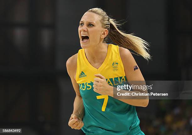 Penny Taylor of Australia reacts after scoring against Brazil during a Women's Basketball Preliminary Round game on Day 1 of the Rio 2016 Olympic...