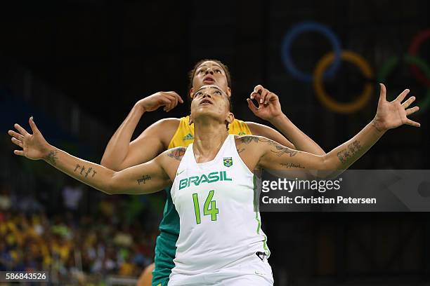 Erika Souza of Brazil blocks out Elizabeth Cambage of Australia during a Women's Basketball Preliminary Round game on Day 1 of the Rio 2016 Olympic...