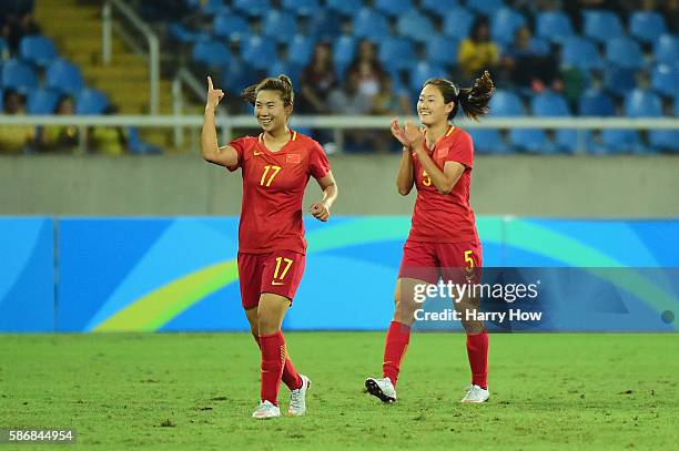 Yasha Gu of China celebrates her goal during the Women's Group E first round match between South Africa and China PR on Day 1 of the Rio 2016 Olympic...