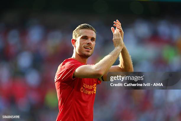 Jordan Henderson of Liverpool applauds after the International Champions Cup 2016 match between Liverpool and Barcelona at Wembley Stadium on August...