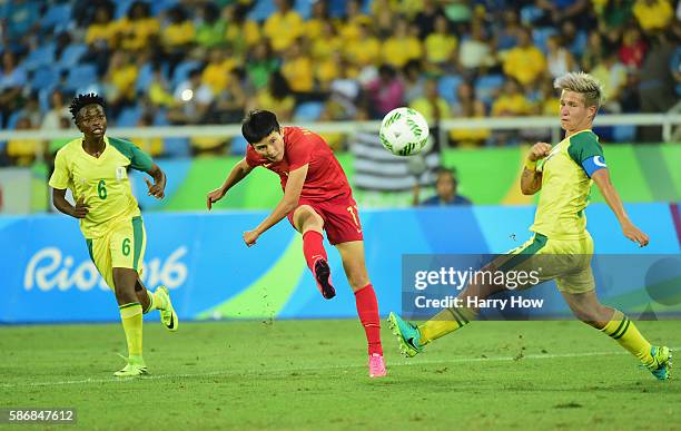 Shanshan Wang of China shoots at goal during the Women's Group E first round match between South Africa and China PR on Day 1 of the Rio 2016 Olympic...