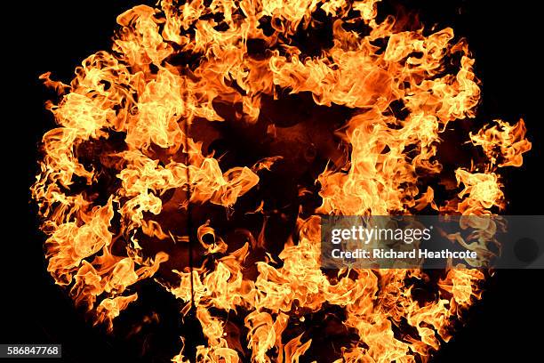 Detailed view of the Olympic flame alight in the Cauldron during the Opening Ceremony of the Rio 2016 Olympic Games at Maracana Stadium on August 5,...