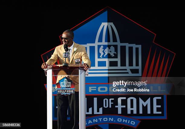 Marvin Harrison, former NFL wide receiver, speaks during his Pro Football Hall of Fame induction speech during the NFL Hall of Fame Enshrinement...