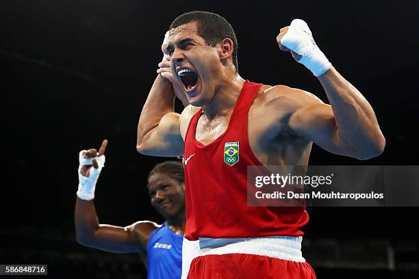 Michel Borges of Brazil celebrates victory over Hassan Ndam Njikam of Cameroon after their Men's Heavy 81kg Preliminary bout on Day 1 of the Rio 2016...