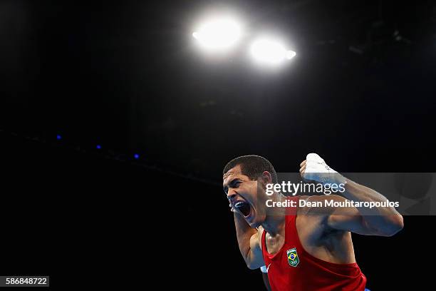 Michel Borges of Brazil celebrates victory over Hassan Ndam Njikam of Cameroon after their Men's Heavy 81kg Preliminary bout on Day 1 of the Rio 2016...