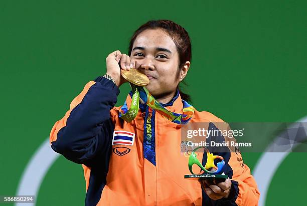Sopita Tanasan of Thailand reacts after winning the gold medal in the Women's 48kg Group A Final on Day 1 of the Rio 2016 Olympic Games at Riocentro...
