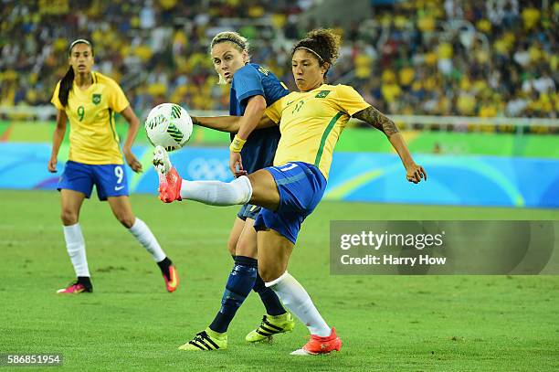 Cristiane of Brazil controls the ball during the Women's Group E first round match between Brazil and Sweden on Day 1 of the Rio 2016 Olympic Games...