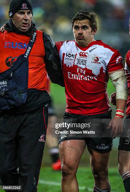 Rohan Janse van Rensburg of the Lions leaves with an injury during the 2016 Super Rugby Final match between the Hurricanes and the Lions at Westpac...