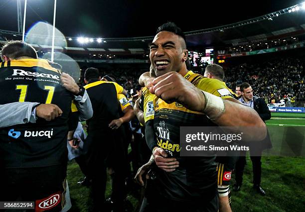 Victor Vito of the Hurricanes celebrates after the Hurricanes won the 2016 Super Rugby Final match between the Hurricanes and the Lions at Westpac...