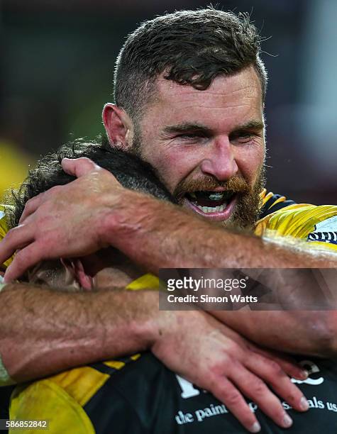 Callum Gibbons of the Hurricanes celebrates after the Hurricanes won the 2016 Super Rugby Final match between the Hurricanes and the Lions at Westpac...